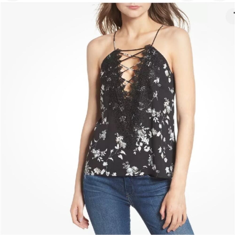 WAYF Black‎ White Floral Deep V Neck Camisole Tank Top Lace Sexy Cottage Size S